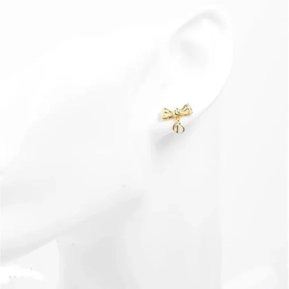 Dior Gold Bow Earrings with Logo Charm